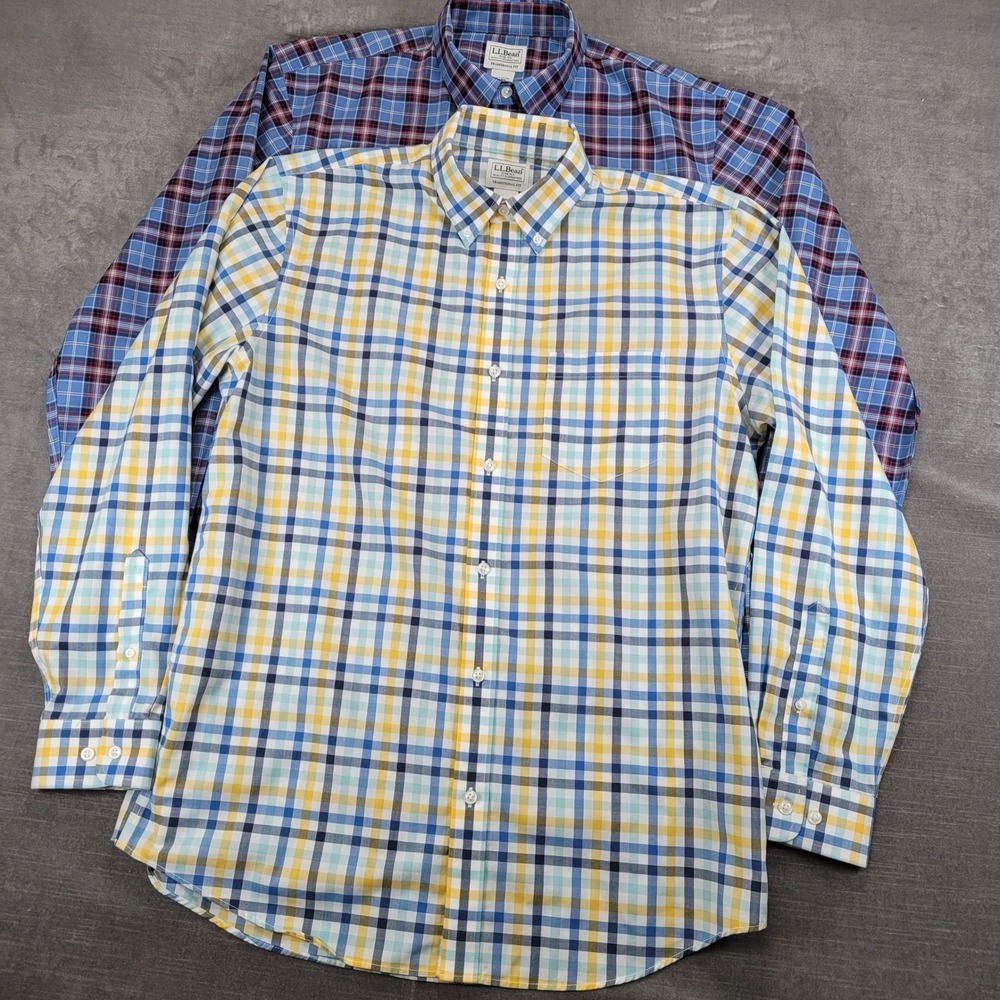 Lot of 2 LL Bean Mens Medium Traditional Fit Plaid Button Down Shirts Preppy